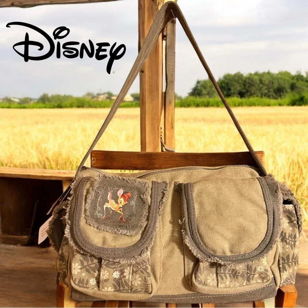 Disney Bambi Canvas Shoulder Bag Floral Patch Pockets Vintage Cottagecore Style